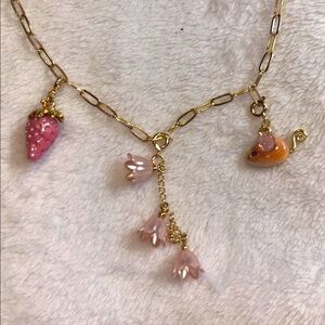Charm Necklace Cottagecore gold tone mouse flower strawberry pendant